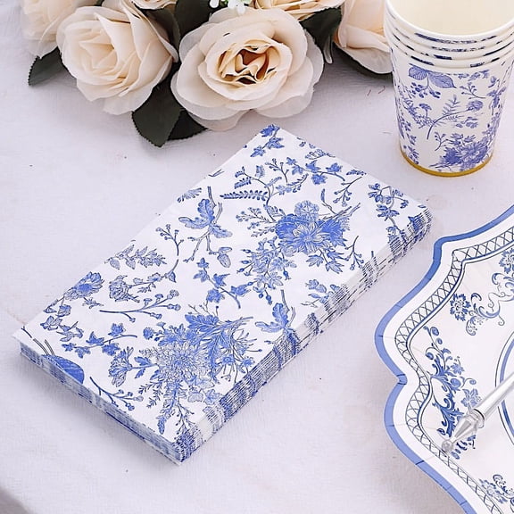BalsaCircle 20 White 2 Ply Disposable Dinner Paper Napkins Blue Floral Design Wedding Party Events Catering Decorations Supplies