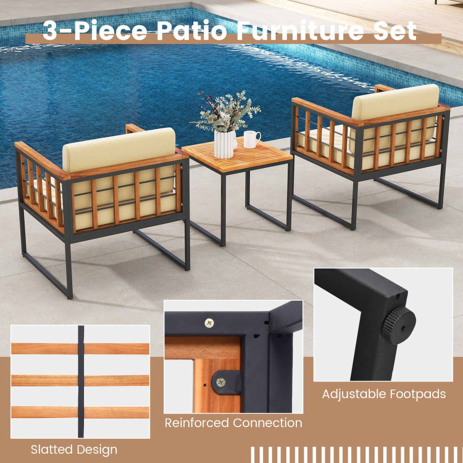 Aimee Lii 3 Pieces Patio Chair Set Acacia Wood Outdoor Sofa Set with Soft Cushions, Outdoor Patio Furniture Sets, Beige