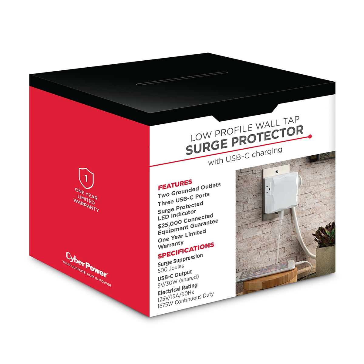 CyberPower P2WUC3 2-Outlet Home/Office Wall-Tap Surge Protector with 3x USB-C Port, White