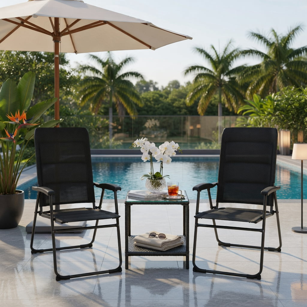 Hommoo 2-Pack Foldable Outdoor Patio Chairs with 7-Position Adjustable Backrest, Heavy-Duty Steel Frame, Breathable Oxford Fabric, for Backyard, Bistro, Pool & Camping, Black