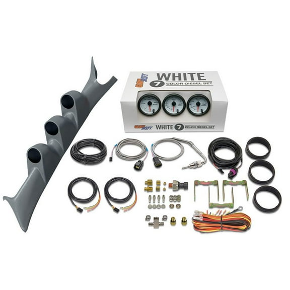 GlowShift | 1999-2007 Ford Super Duty 6.0 Powerstroke & 7.3 Powerstroke Gray Triple Pillar Pod with White 7 Color Series 60 PSI Boost Gauge, 1500 Pyrometer EGT Gauge & 100 PSI Fuel Pressure Gauge