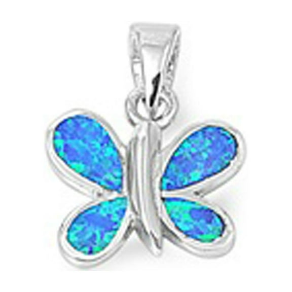 Cute Sparkly Butterfly Pendant Blue Simulated Opal .925 Sterling Silver Charm Jewelry Female Unisex