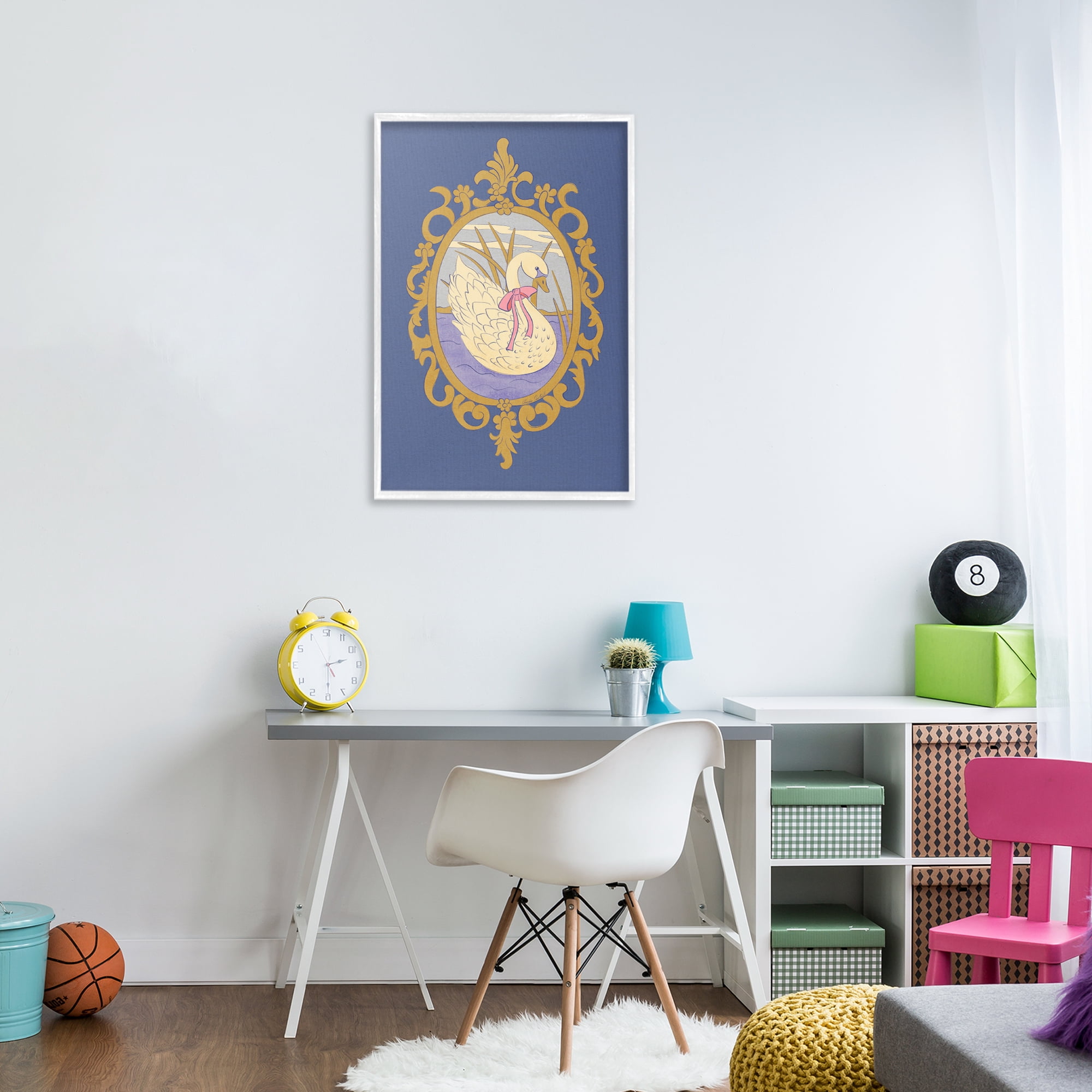 Stupell Industries Swan and Ornate Pattern White Framed Giclee Art, design by Carrie Cantwell