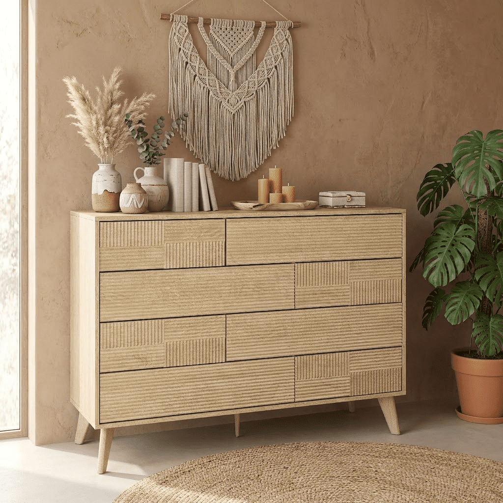 Danpinera Home 8-Drawer Double Dresser for Bedroom, 34" Tall Wood Chest & TV Stand with Fluted Panels, Natural Oak