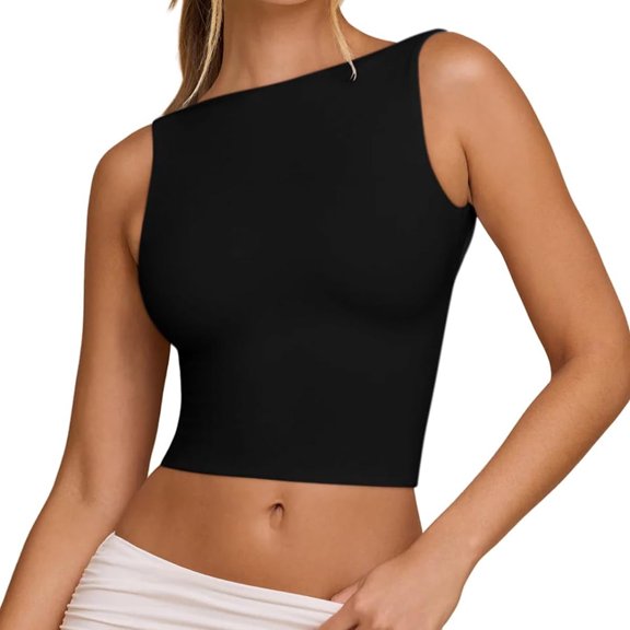 Yunliwuli Women's Tank Tops Casual Slim Fit Boat Neck Sleeveless Open Back Solid Color Shirt for Summer