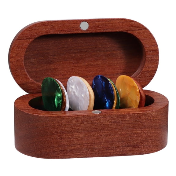 Walnut Guitar Plectrum Holder Set with 2 Color Wood Plectrums and 8 Celluloid Plectrums (4 Thicknesses),Mini Jewelry Box,Brown Wooden Trinkets,Box Size 3.35 * 1.77 * 1.57 inch (Wood color)