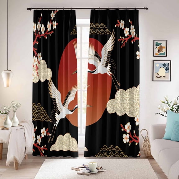 Japanese Style Blackout Curtains for Bedroom/Living Room, Pinch Pleated Black Out Curtains, Modern Cranes Cherry Flower Wave Red Brown Room Darkening Window Drapes with Hooks 2 Panels, 59"x70"