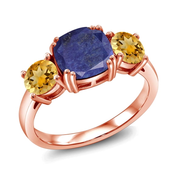 Gem Stone King 18K Rose Gold Plated Silver Blue Lapis and Yellow Citrine 3 Stone Engagement Ring for Women (3.45 Cttw, Gemstone, Cushion 8MM, Size 9)