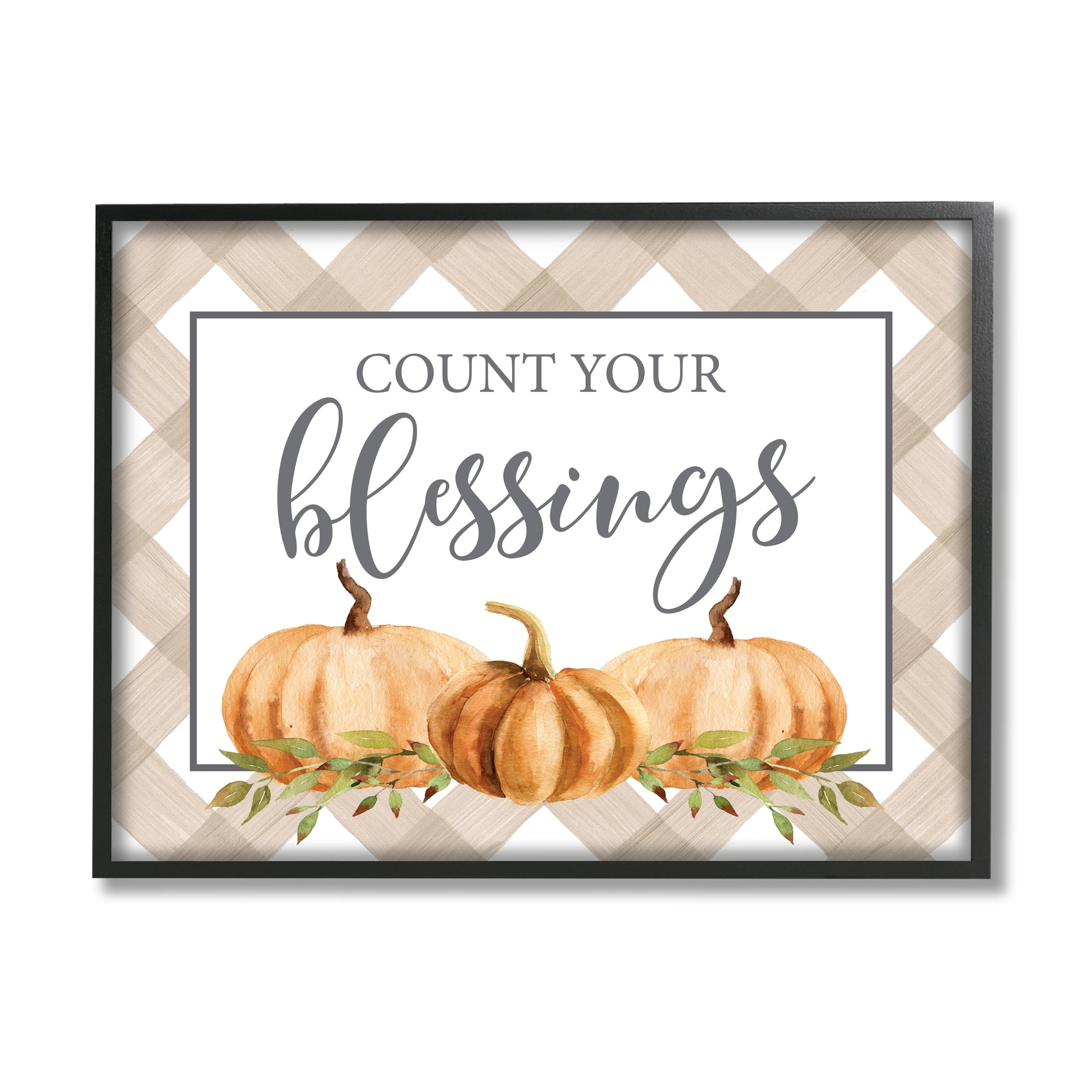 Stupell Industries Count Your Blessings Thankful Pumpkin Tartan Design Graphic Art Gray Framed Art Print Wall Art, Design by Lettered and Lined