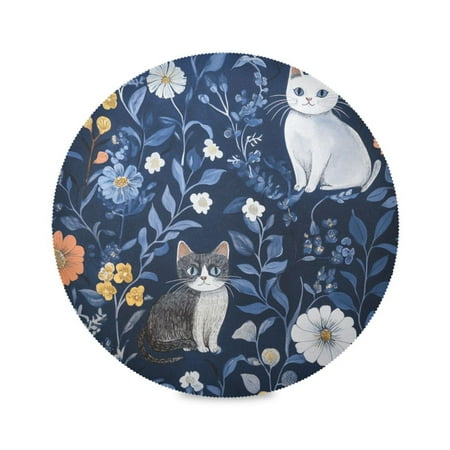 

Round Plate Mat 15.4x15.4 Inchesx6 Placemat Table Mat Kitchen Mat Coffee Mat Fabric Thick Strong Wear-Resistant Heat Resistance Dark Blue Flowers and Cats