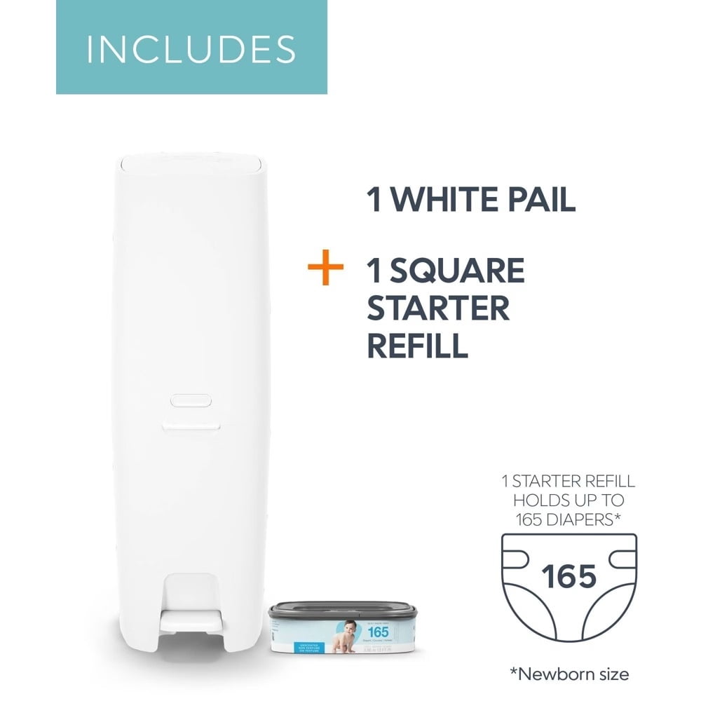 Diaper Pail with Starter Refill, Holds 45 Diapers, Foot Pedal, Odor Control