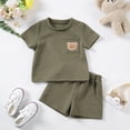 thumbnail image 2 of Xudanell Toddler Baby Boy Summer Outfit Lion Embroidered Short Sleeve T-Shirt Tops Pockets Shorts Waffle Knit Clothes Set (Army Green, 6-9 Months), 2 of 9