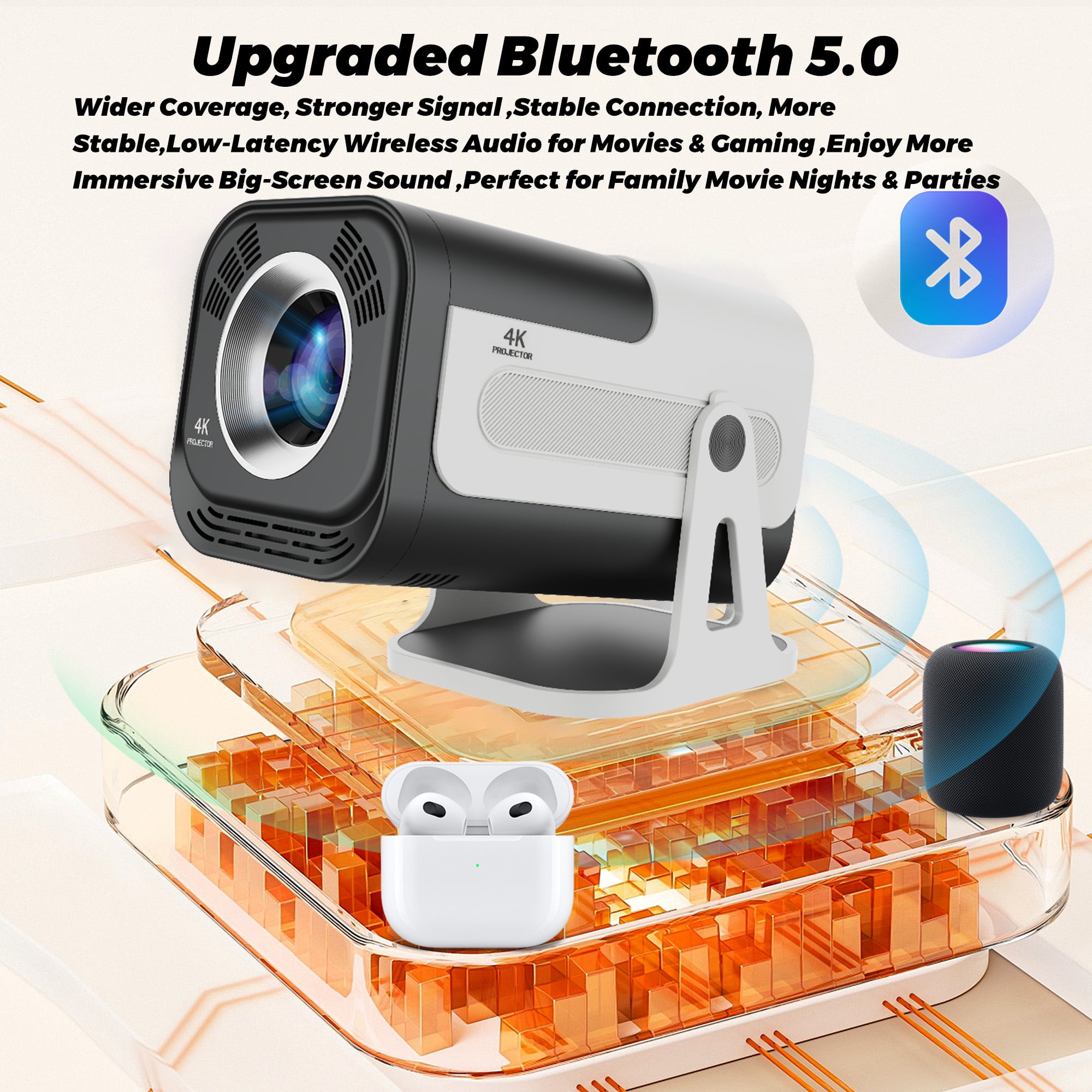 BDQ Mini Portable Projector, Support 4K 1080P with Dual-Band WIFI6 5G Wireless 5.0 Bluetooth Android 13, 180° Rotatable, Auto Keystone Correction, 35"-130" Screen Video Projector