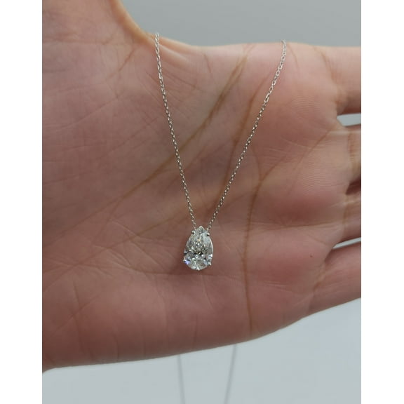 2 Ct Pear Cut Lab-Created White Diamond Solitaire Pendant With 18" Chain 14K White Gold Plated