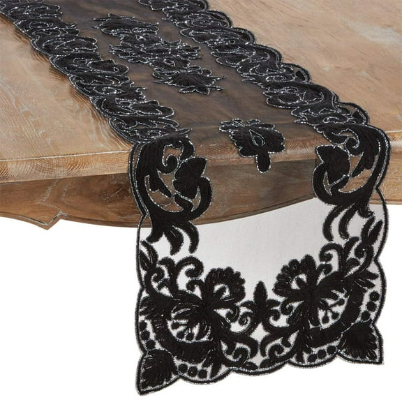 Fennco Styles Hand Beaded & Embroidered Elegant Table Runner 16 x 90 Inch - Black