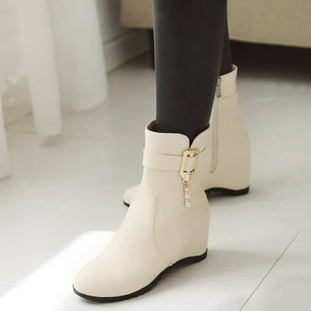 

TALKVE Ladies Solid Color Leather Face Pearl Belt Buckle Zipper Fashion Inner Booties