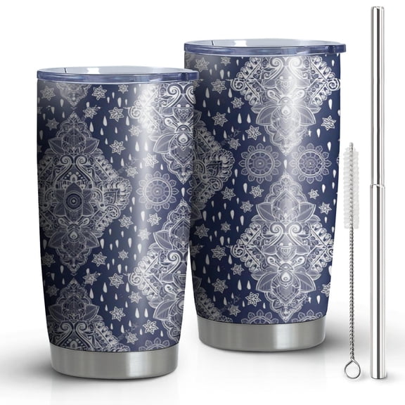 20oz Tumblers Blue and White Ethnic Floral Pattern Stainless Steel Vacuum Insulated Double Wall Travel Tumbler Cups Mug with Lid and Straw,Cleaning Brush for Cold & Hot Drinks