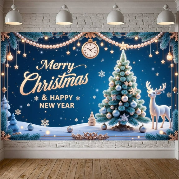 Festive Christmas Banner Blue Color New Year Display Star Decor Reindeer Design Holiday Backdrop for Christmas Party New Year Celebration Indoor Event