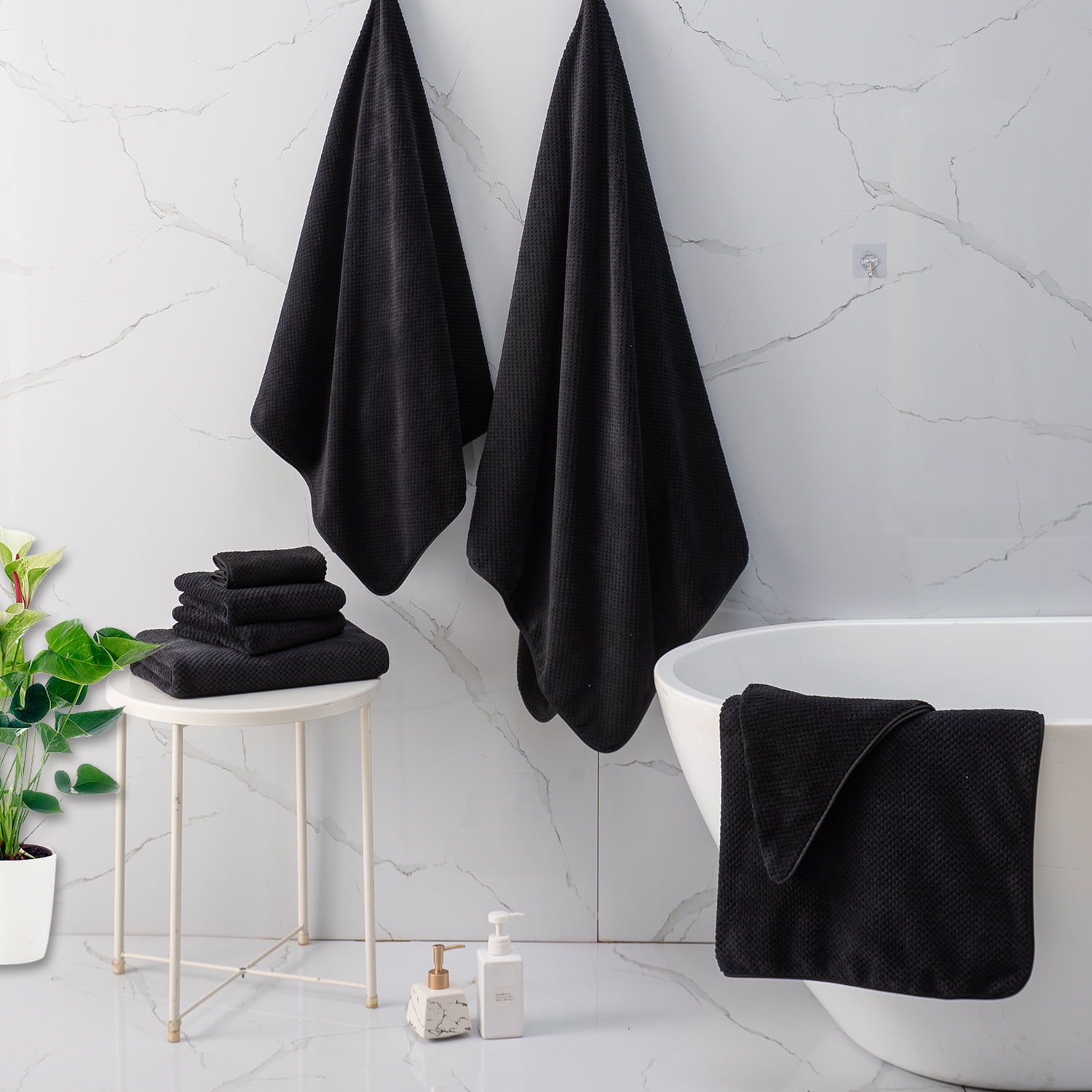 Smuge 2 Pack Hand Towels (16 x 31 in, Black) 600 GSM Ultra Soft Microfiber Towel Set Thick Cozy Quick Dry Shower Hand Towels for Bathroom Kitchen Spa Hotel Gym