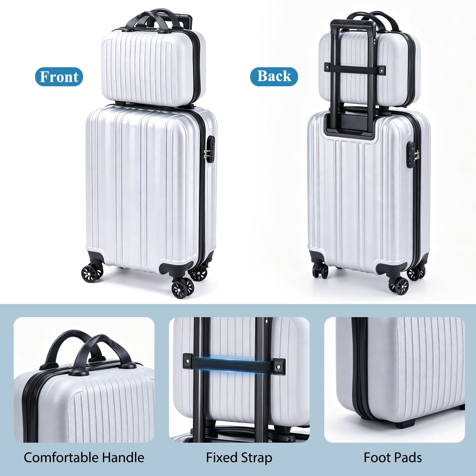 20" Carry On Luggage and 14" Mini Cosmetic Cases Travel Set Lightweight Polypropylene Suitcase with Lock YKK Zipper Hardside Luggage with Spinner Wheels (2 Piece Set, Grey)