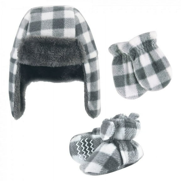 Hudson Baby Unisex Baby Trapper Hat, Mitten and Bootie Set, Charcoal White Plaid, 0-6 Months