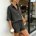 thumbnail image 6 of Women's Two-Piece Outfits Casual Short Sleeve Button Down Shirt And Drawstring Shorts Set Loose Loungewear For Summer, 6 of 9