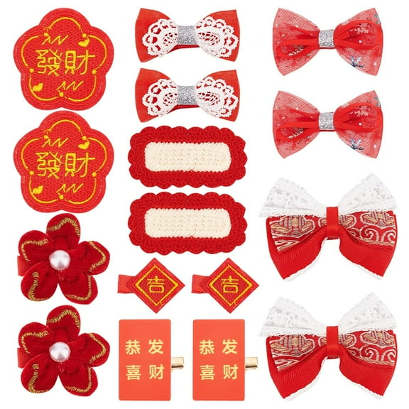 Chinese New Year Bowknot Flower Cloth Alligator Hair Clips Set Hair Accessories for Spring Festival Children's Gift Rectangle Pattern 29~68x53~66x15~16mm 8pcs/set