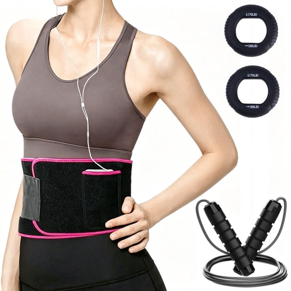 Women’s Waist Trimmer Belt, Workout Bundle w/ Rope &2 Grips, for for Home Gym Training