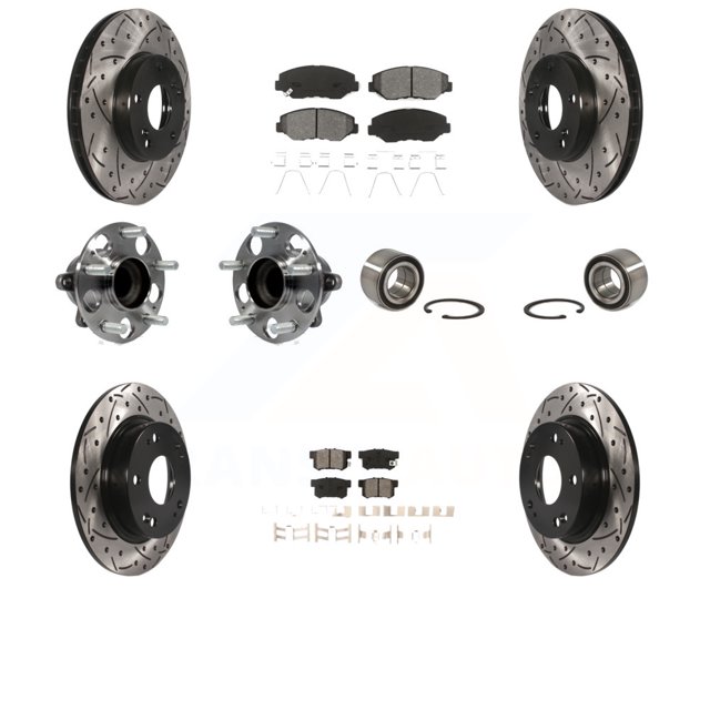 Transit Auto Front Rear Wheel Hub Bearings Assembly Coated Disc Brake Rotors and Semi-Metallic Pads Kit (10Pc) for Car Honda Civic - Left Right Side (Driver Passenger) KBB-107495