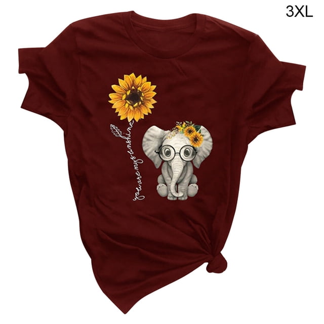 T-Shirt pour Femmes à Imprimé Tournesol, Haut à Manches Courtes, Col Rond, Blouse pour Femmes à Col Tournesol, Rouge Vin, 3TG