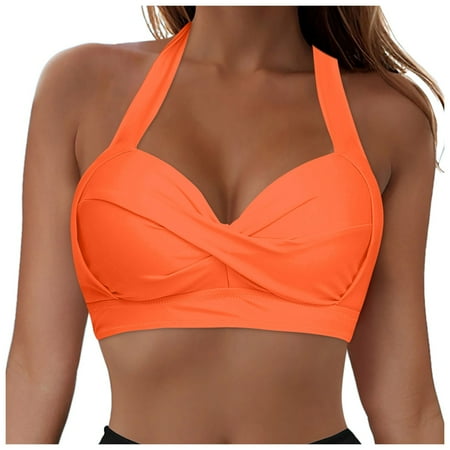 Jdkau Women Push Up Bikini Top Backless Halter Swimsuit Top Solid Color V Neck Bathing Suit Full Coverage Lace Up Bikini TopOrange S