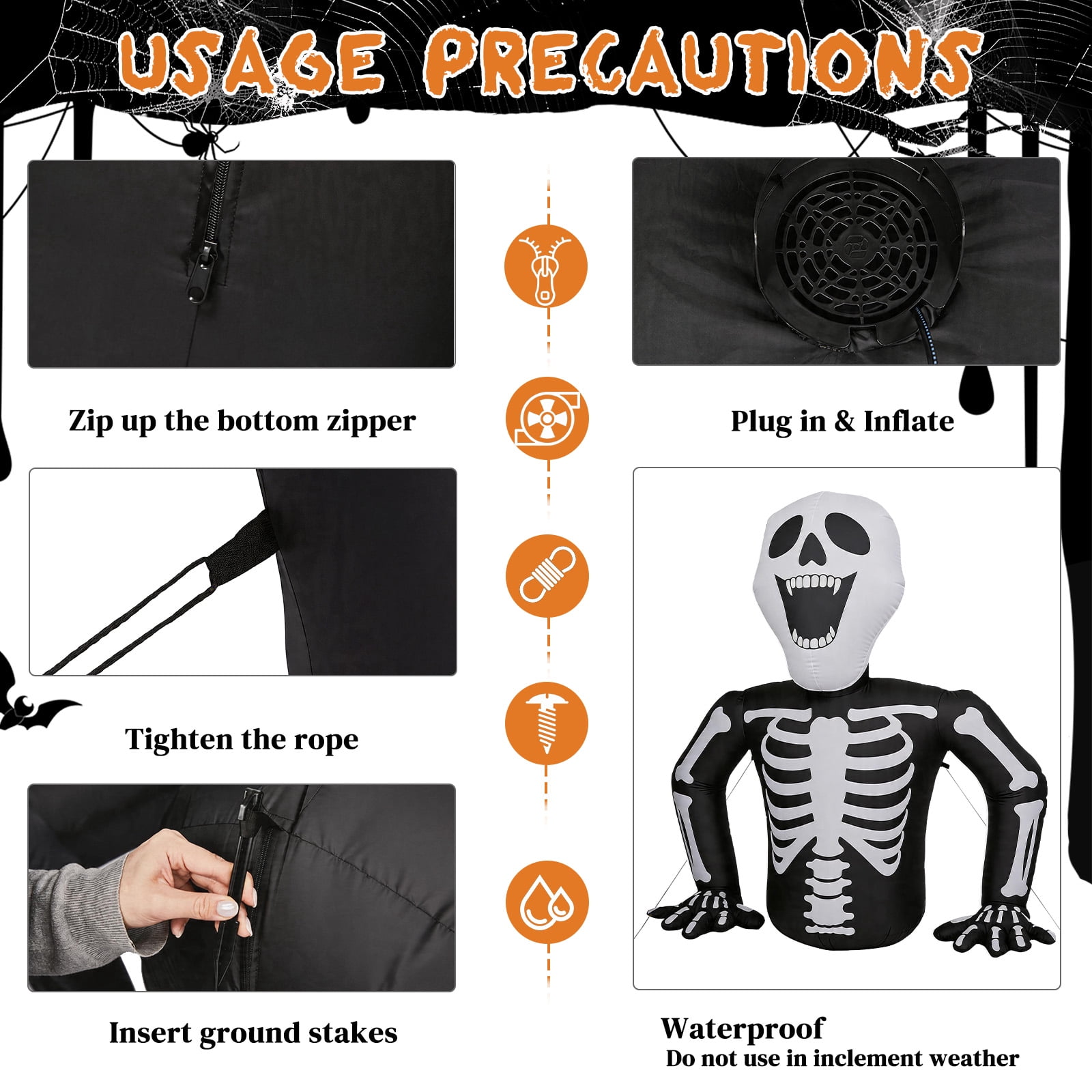 6ft Half-Skull Inflatable Decoration with 3 LED Lights, Black and White, 1000mA, 12V (US Standard)