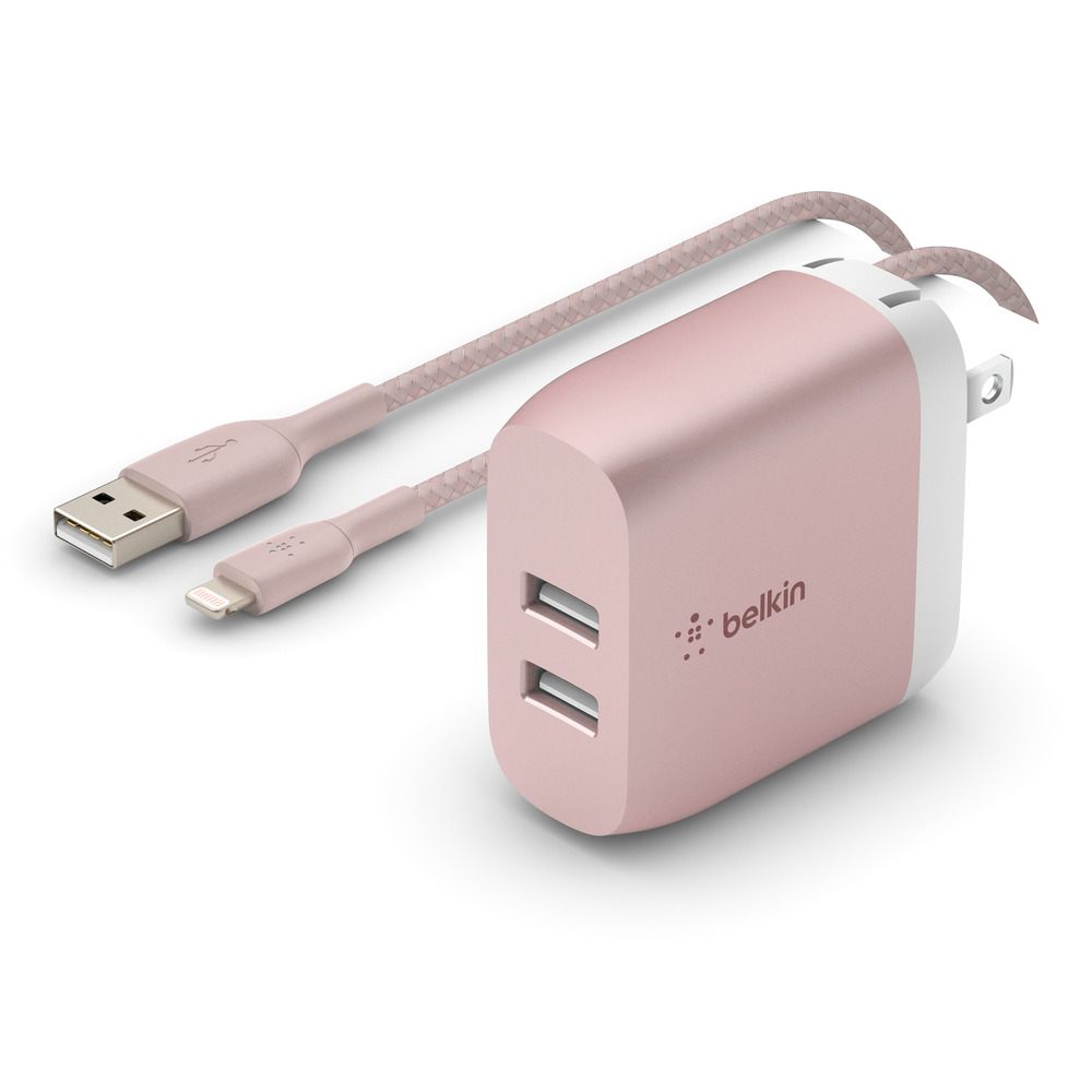 Belkin 24W Dual Port USB Wall Charger - Braided Lightning Cable Included - iPhone Charger Fast Charging - USB Charger Block for Power Bank, iPhone 15, 14, 13, 12, and11, Samsung & more, Rose Gold - image 5 of 6