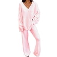 thumbnail image 1 of 2pcs/set Women Plain Tracksuits Set V Neck Loose Tops+long Pants Loungewear Pyjamas Sets, 1 of 3