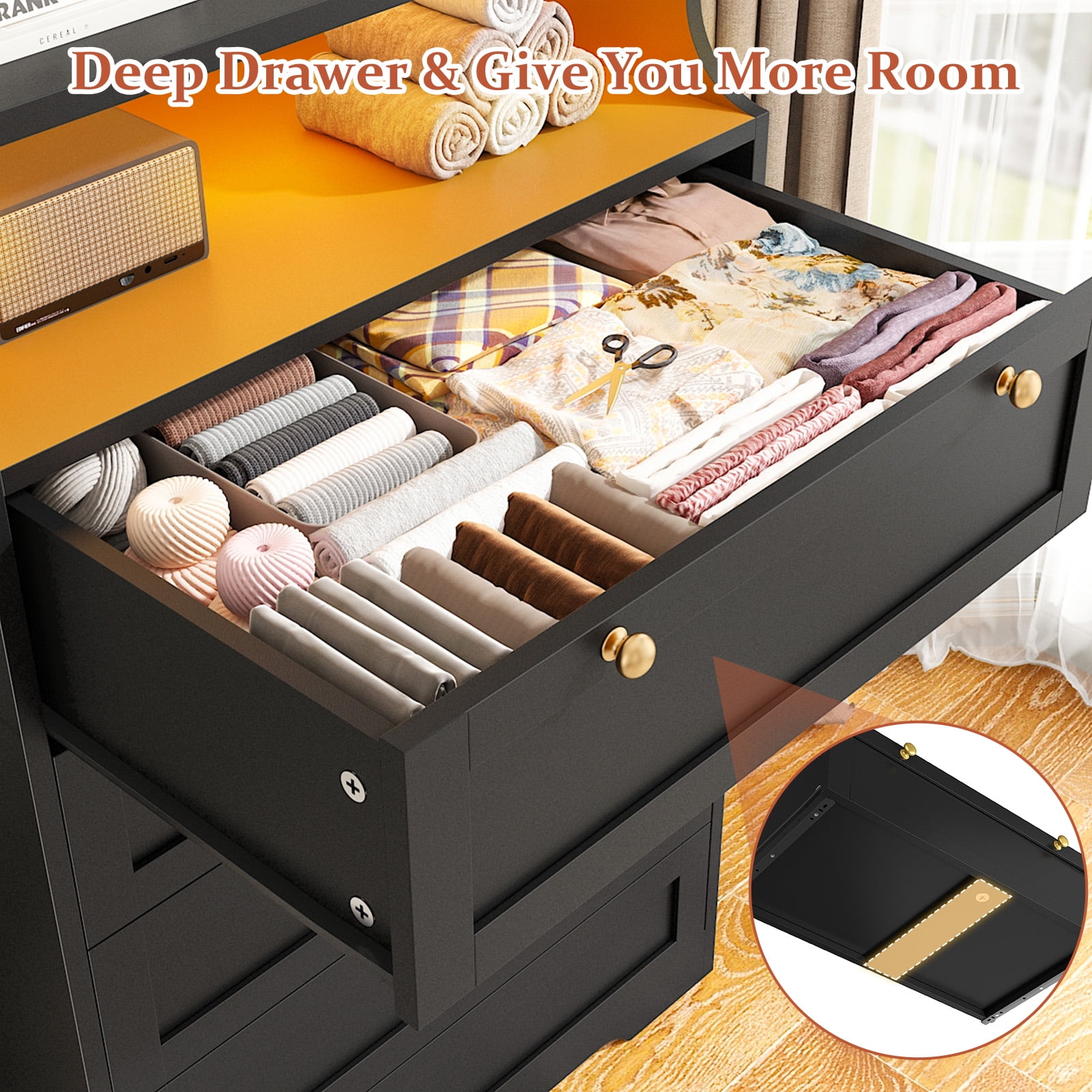 EnHomee Black 5-Drawer Dresser with LED Light, 31.7"L x 15.9"W x 48.6"H Modern Storage Furniture