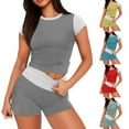 thumbnail image 2 of gakvbuo Summer Outfit Sets For Women 2 Piece Sportswear Short Sleeve Round-Neck Color Block Blouses Elastic Waist Shorts Sports Suit Set Casual Active Tracksuits, 2 of 4