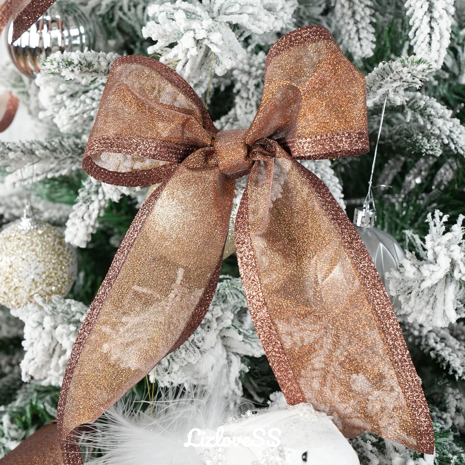 Copper Christmas Ribbon Wired 2.5 Inch Metallic Copper Wired Ribbon with Glitter Stripe, Ribbon for Christmas Tree, Wreaths Supplies, Swag, Garland, Holiday Decor - 10 Yards