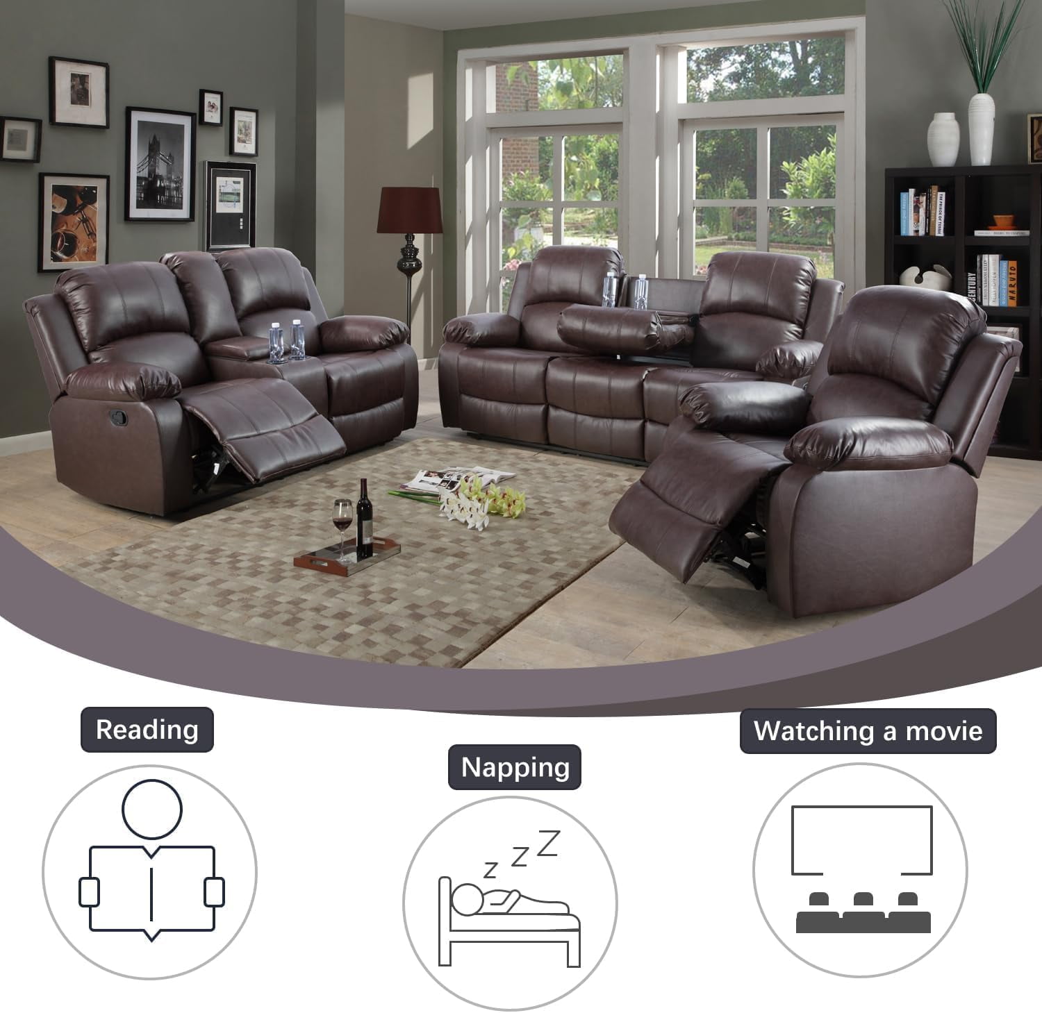 Bonded Leather Living Room Furniture Set Reclining Sofa Set Loveseat Furniture Sets in Living Room Sofa Recliners (3 Pieces, Beige)