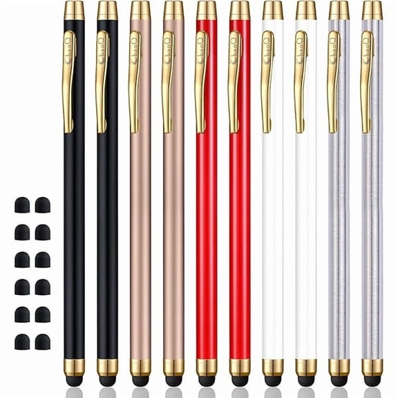 xzyuan Stylus for Touch Screens, Capacitive Stylus Pen (10 Pcs) with 12 Replaceable Tips - Black, White, Silver, Gold, Red