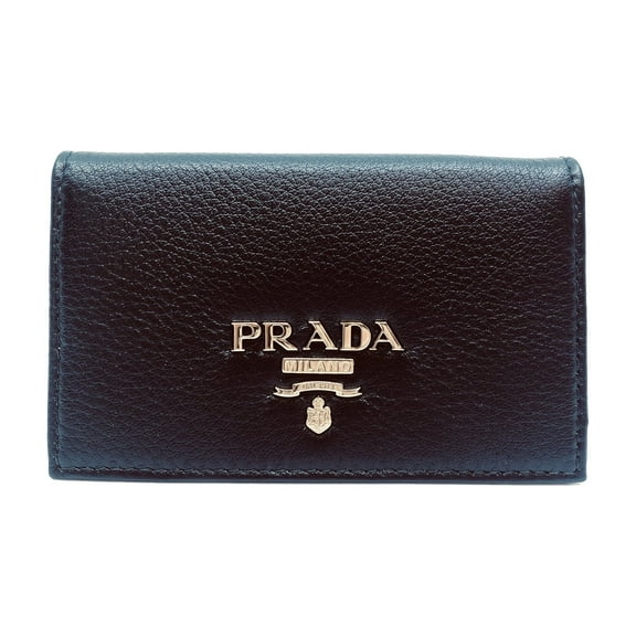 Prada Black Vitello Grain Soft Calf Leather Credit Card Case Wallet 1MC122 New