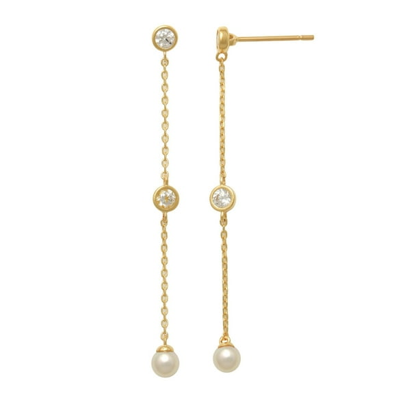 Anygolds 14K Solid Gold Cubic Zirconia Pearl Drop Earrings Earrings Minimalist Earlobe Drop Dangle Earrings - MJE11370-PW-CZY Yellow Gold