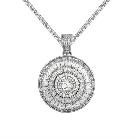 - Baguette 3D Medallion Solitaire Spinner Silver Circle Pendant