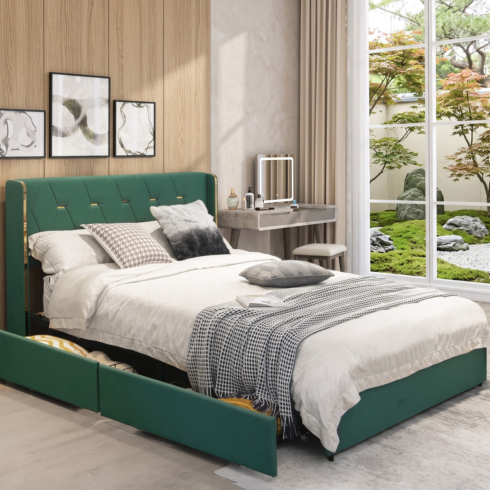 Furnibear Queen Bed Frame with Storage, Upholstered Platform Bed with High Headboard, 4 Storage Drawers and Gold Trim, No Box Spring Needed, Green
