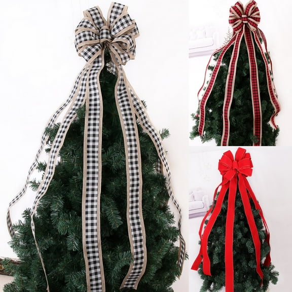 Christmas Tree Topper - 48x12 inches Large Buffalo Plaid Red Black Burlap Decorative Bow - Rustic Farmhouse Xmas Decorations Home Decor