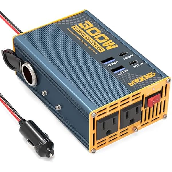Inversor de corriente de 300 W, adaptador de CC de 12 V a 110 V CA con dos salidas de CA, 2 puertos USB-C PD de 30 W, 2 puertos USB QC de 18 W y 1 salida para encendedor de cigarrillos.
