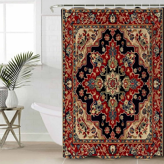 Red Boho Bathroom Curtain 96 Inch Shower Curtain with Hooks, Contemporary Abstract Ethnic Retro Geometric Waterproof Polyester Bath Curtain Washable Bathtub Curtain 72''x 96''