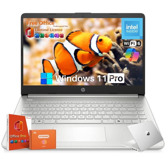 HP 2025 14 inch HD Laptop, Office Pro Lifetime License, Intel Processor N150, 16 GB RAM, 384 GB Storage(128GB UFS 256GB MSD), Copilot AI, Wi-Fi 6, Lightweight, Windows 11 Pro, w/Accessories