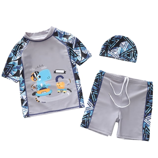 MIASHUI Boys 2 Piece Rash Guard Swim Set With Matching Trunks And Protective Swim Cap For Youth Swimming Pool And Beach Activities Grey,2-3Years