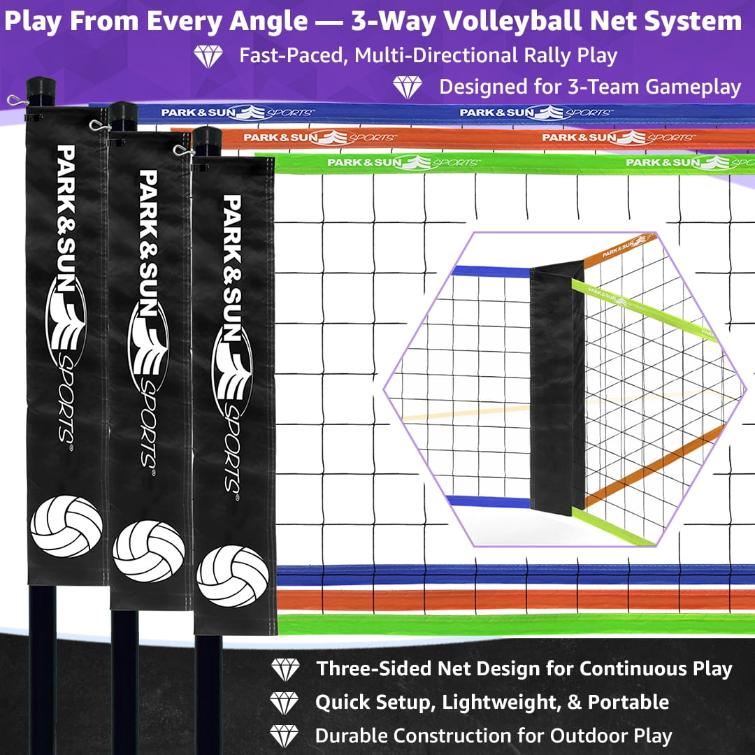 Park & Sun Sports Tri-Ball FUN 3-Net Volleyball System – Portable 3-Team Outdoor Game Set with Boundary, Ball & Pump