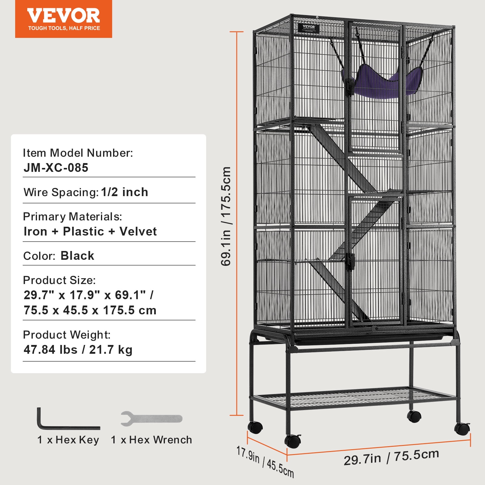 VEVOR 69" Rolling Metal Ferret Cage, Large 4-Tier Small Animal Cage with Ramps & Tray, Easy to Set up for Pet Rats, Hamster, Guinea Pig, Chinchilla, Squirrel, Hedgehogs, Bunny